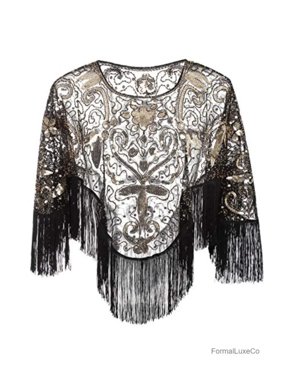 1920s Sequin Beaded Evening Cape Shawl Fringe Gatsby Party Wrap